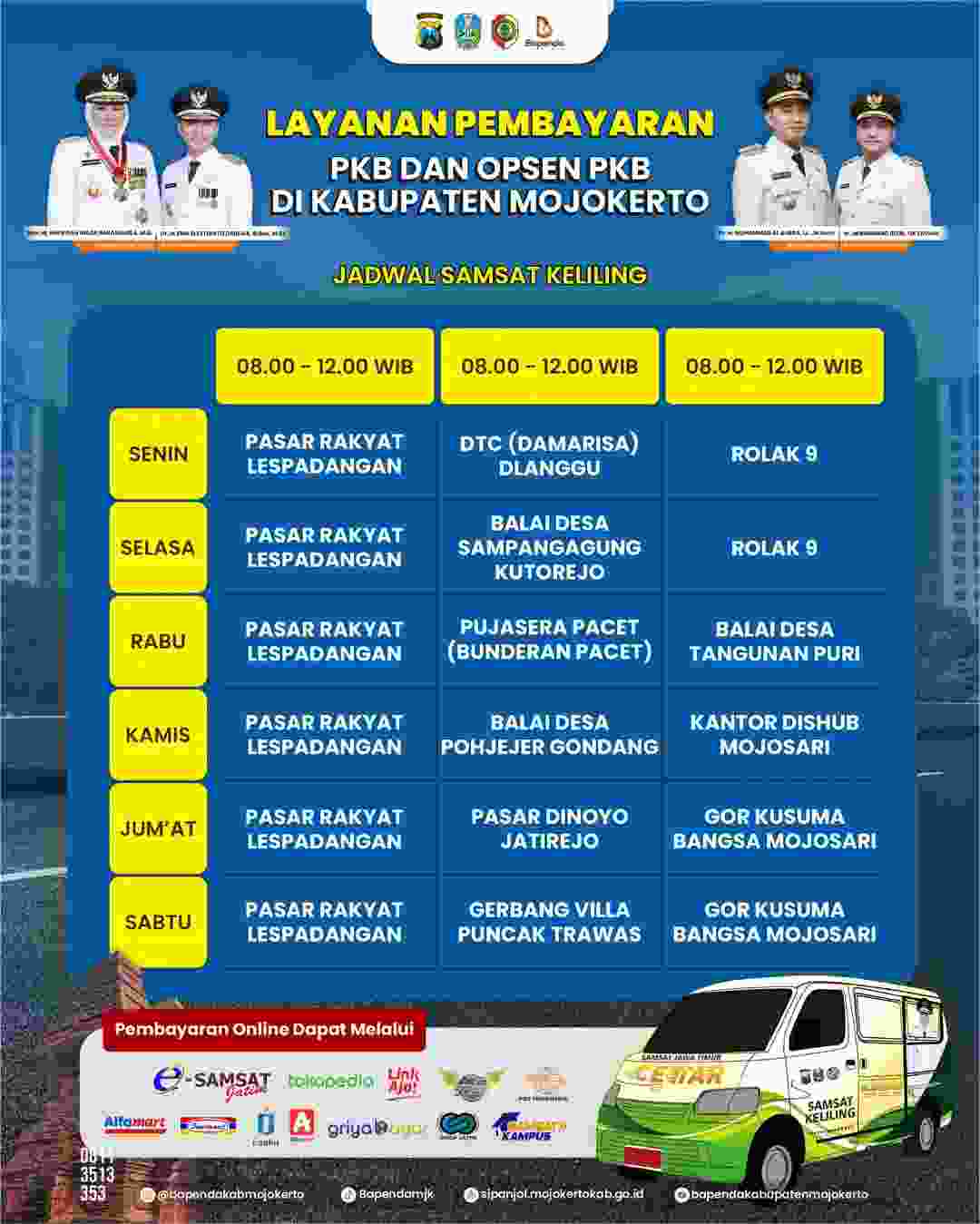 Jadwal Pelayanan Samsat Keliling di Wilayah Kabupaten Mojokerto.